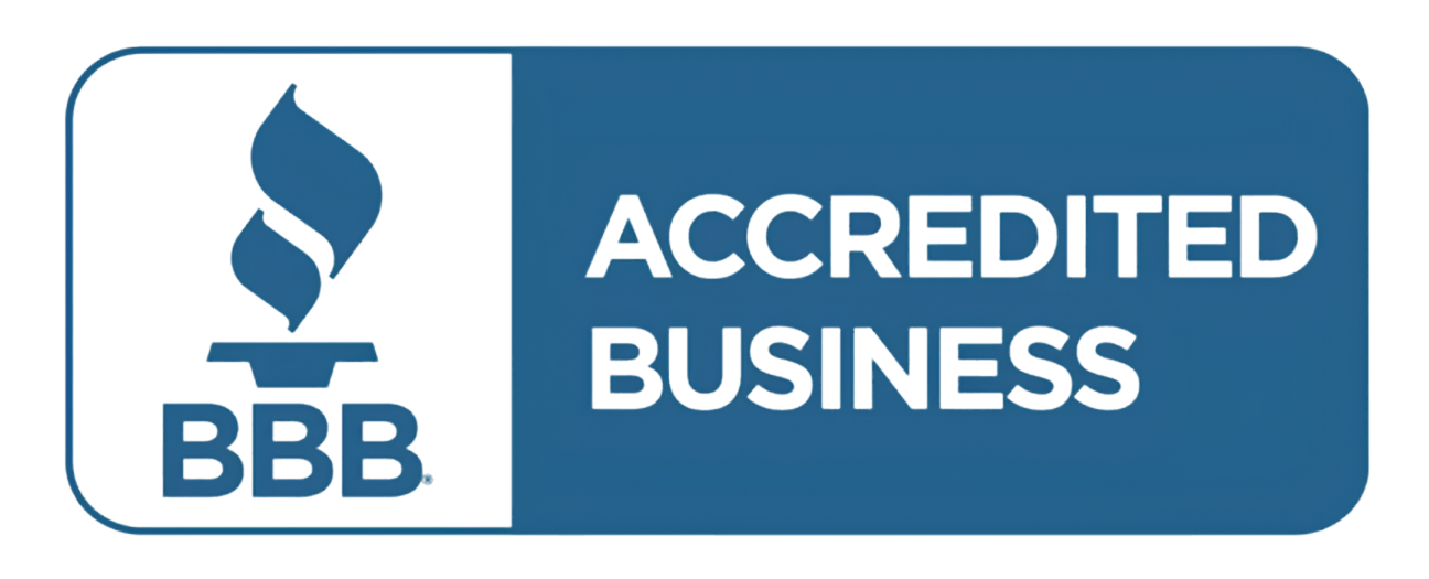 BBB Accredited Business badge in blue and white with torch logo