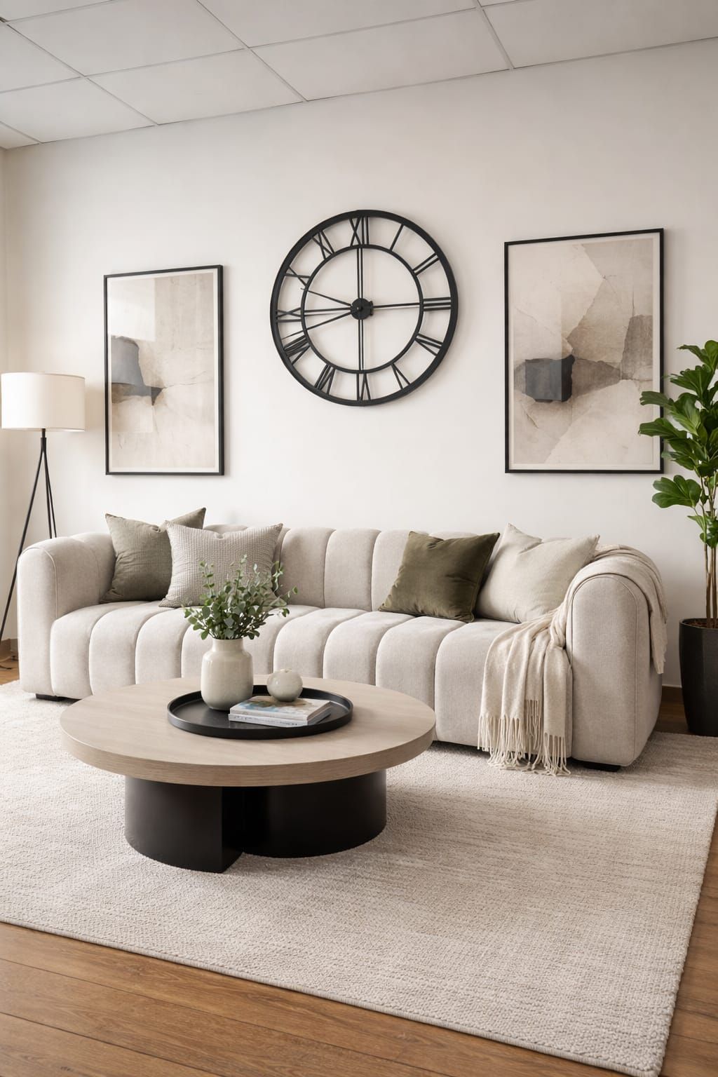 Salón moderno de color beige con sofá, mesa de centro redonda, reloj de pared, cuadro y lámpara de pie.