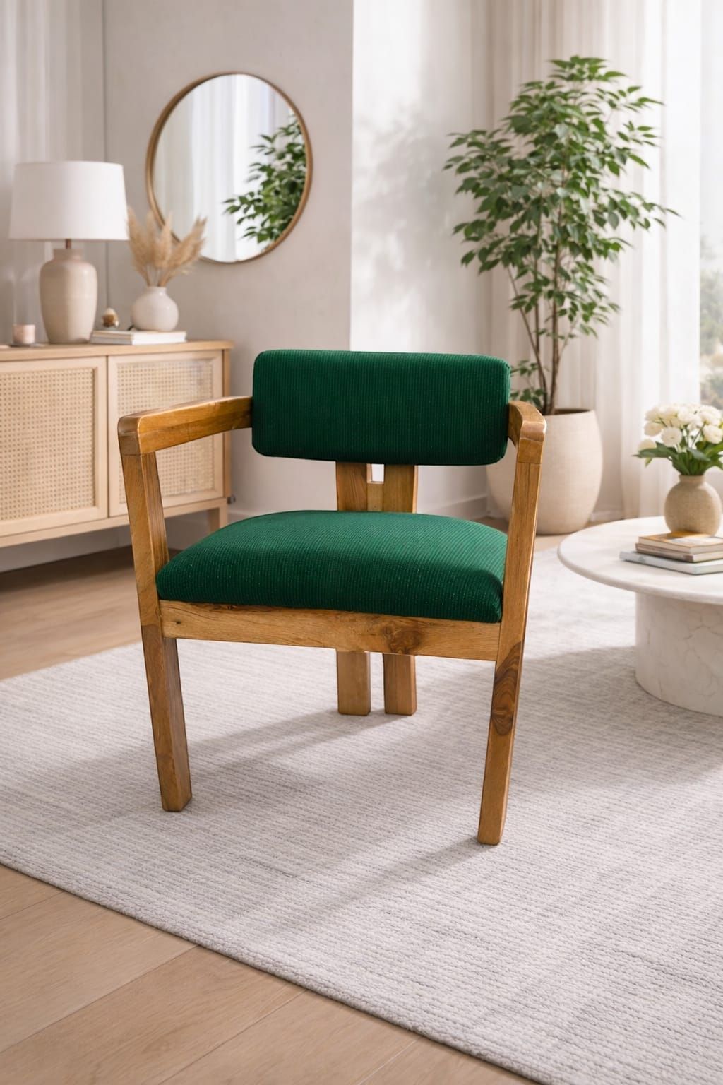 Silla auxiliar de color beige neutro en una sala de estar luminosa con aparador de madera, espejo y planta en maceta.