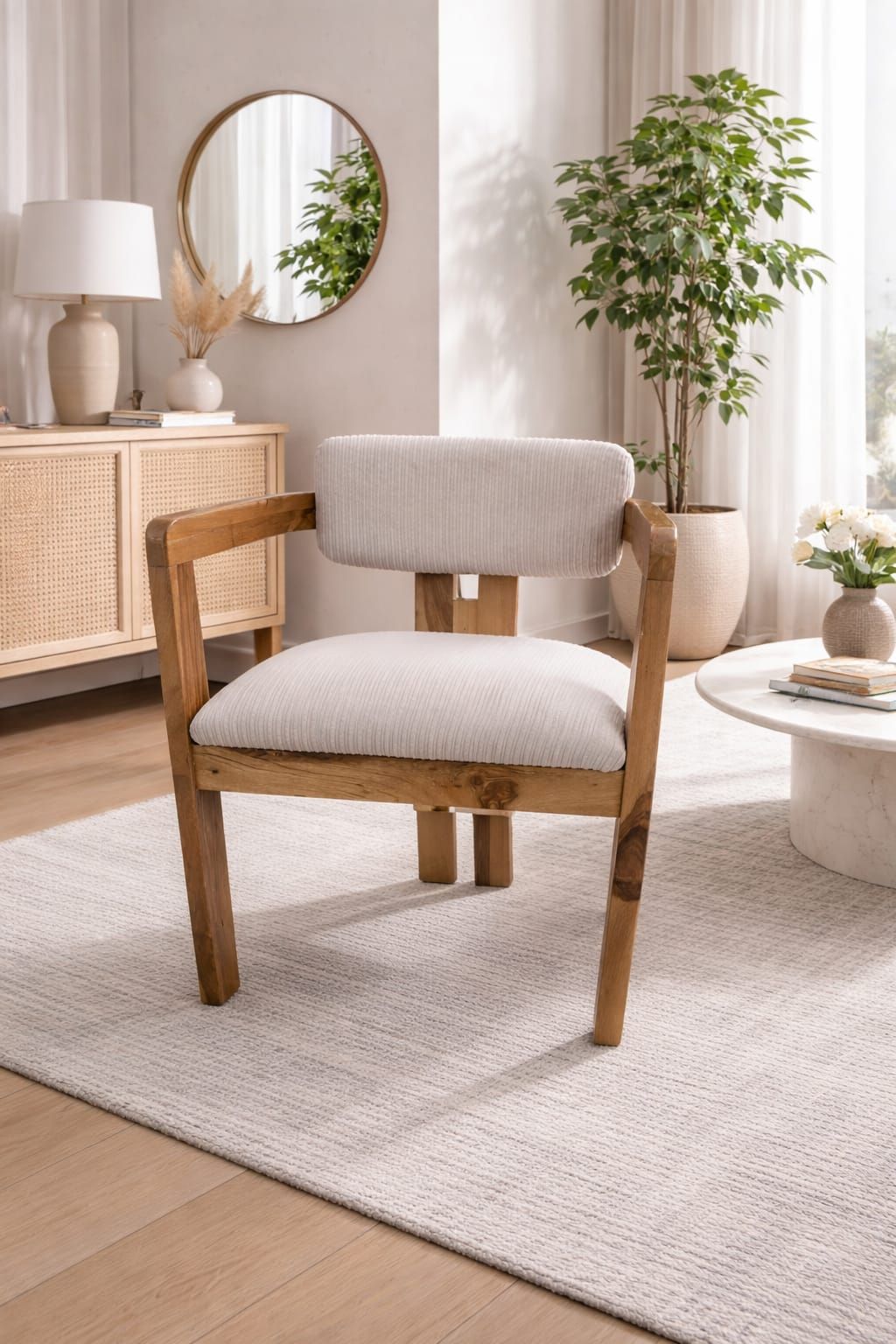 Silla auxiliar de color beige neutro en una sala de estar luminosa con aparador de madera, espejo y planta en maceta.