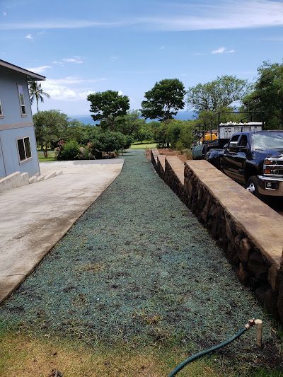 A driveway leading to a house with a truck parked on the side of it.