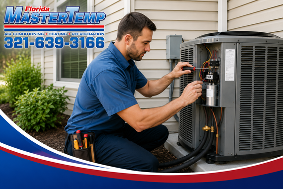 Technician repairing outdoor air conditioner unit beside house, with company logo and phone number overlay.