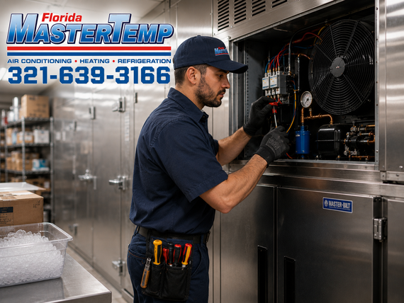 Technician repairing stainless steel kitchen equipment beside Florida MasterTemp logo and phone number