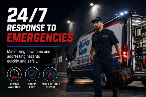 24/7 emergency response ad with a utility worker beside a service truck at night