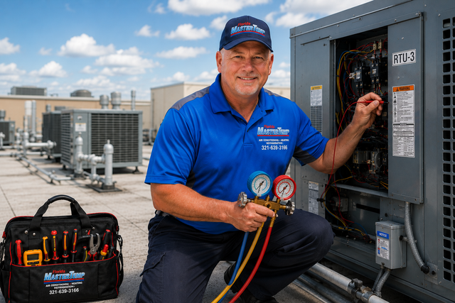 HVAC technician in blue shirt inspecting rooftop unit with gauges and tool bag nearby