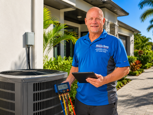 Technician in blue polo holding tablet beside HVAC unit outside a building