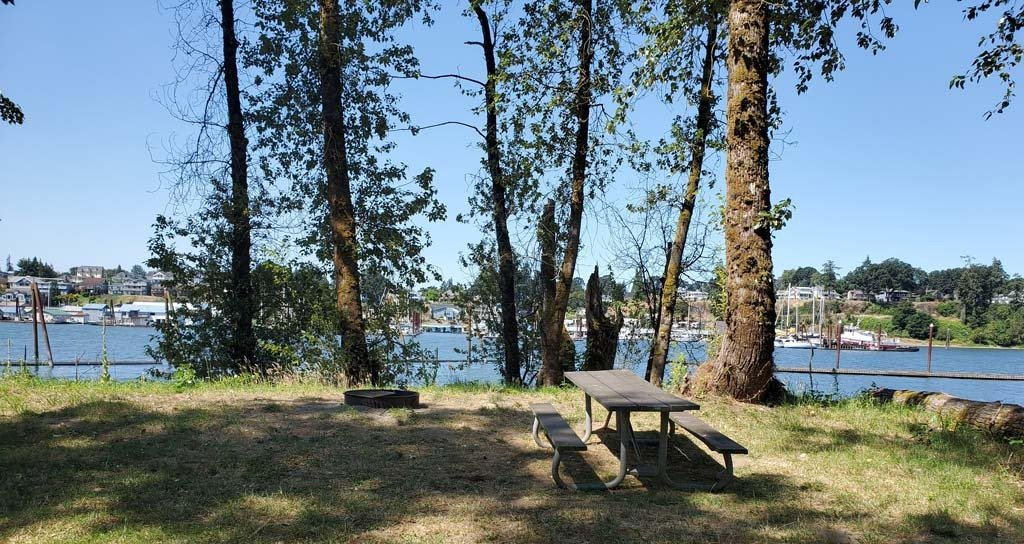 A picnic table is sitting in the grass near a body of water.