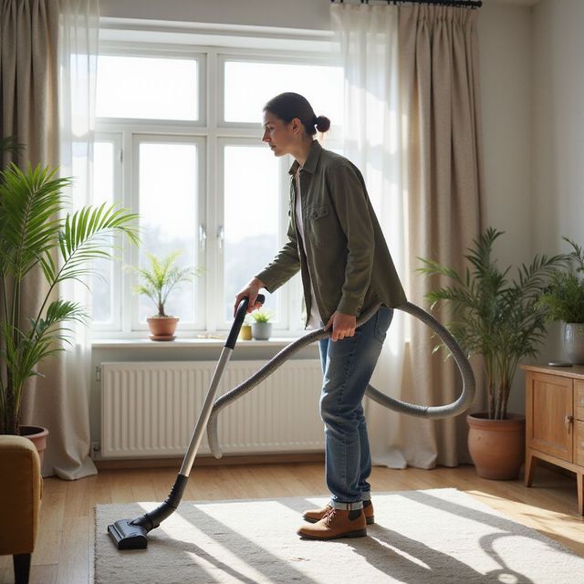 Woman vacuums carpet in a bright room with plants and a window.