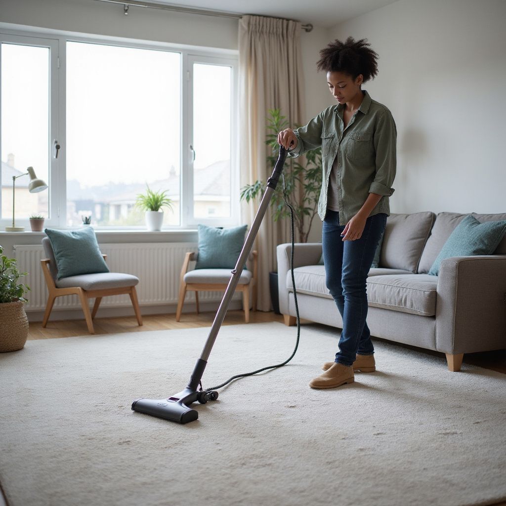 Woman vacuuming a carpet in a living room with a couch, chairs, and large windows.