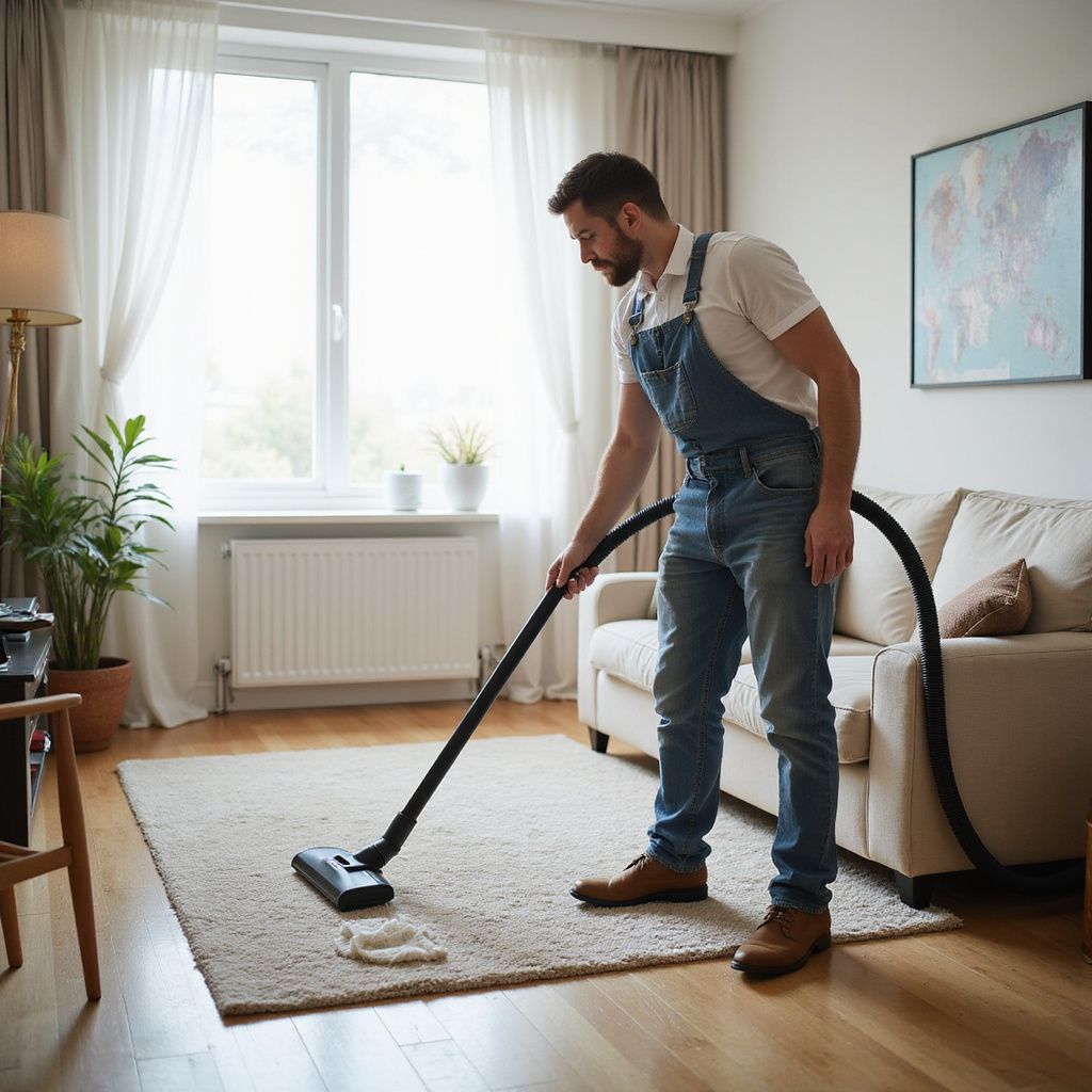 Man in denim overalls vacuuming a beige rug in a living room with natural light.
