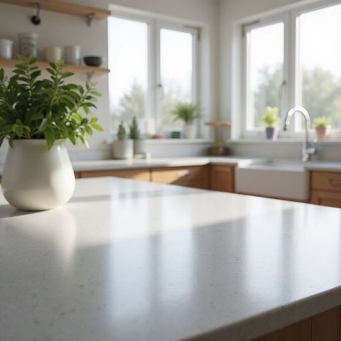 White countertop with a potted plant, bright kitchen with wooden cabinets and windows.