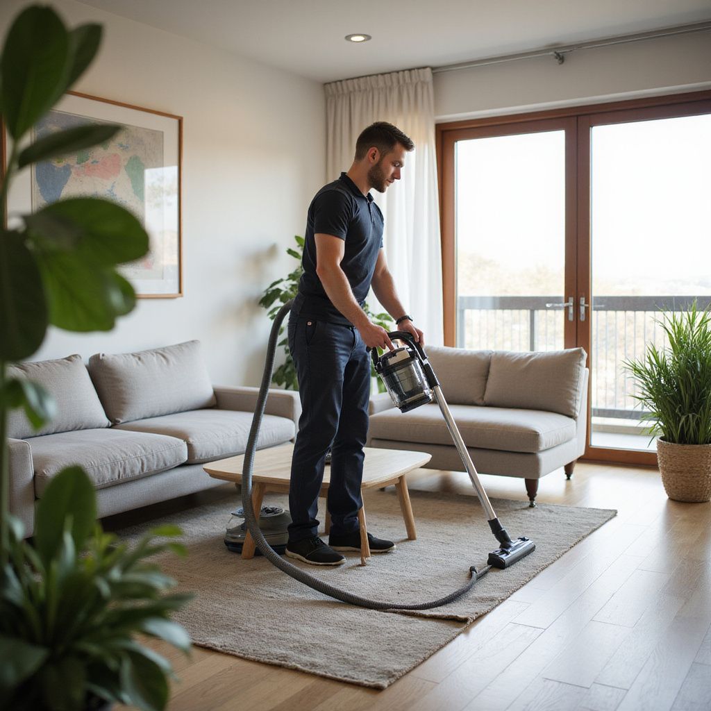 Man vacuuming a rug in a living room, with plants, a couch, and large windows.