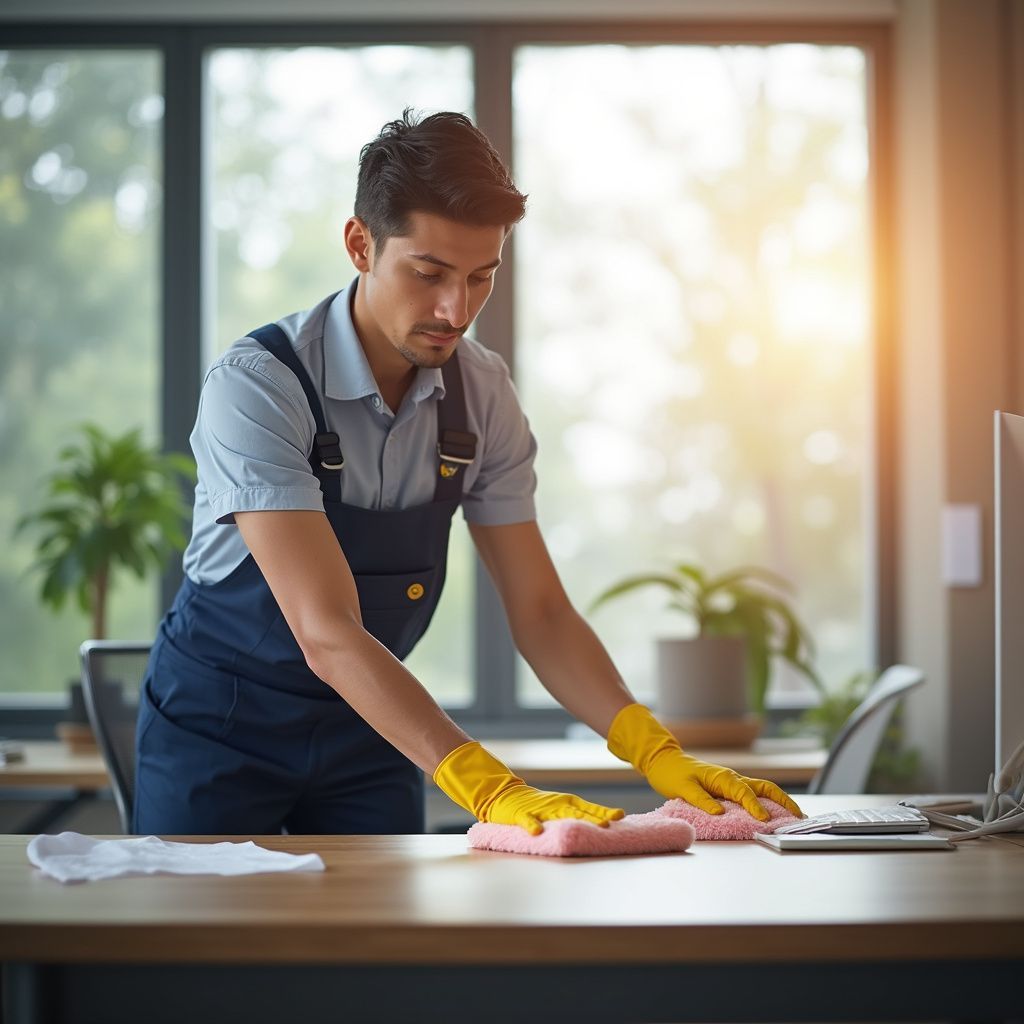Man in overalls and yellow gloves cleaning a desk in an office, sunlight streaming through the window.