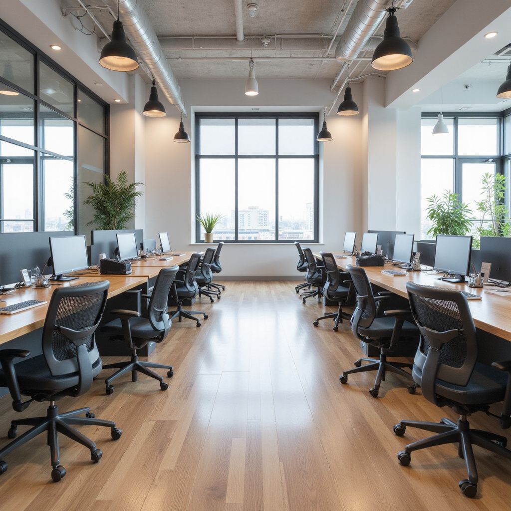 An office with rows of desks, chairs, and computers. Large windows and pendant lights brighten the space.