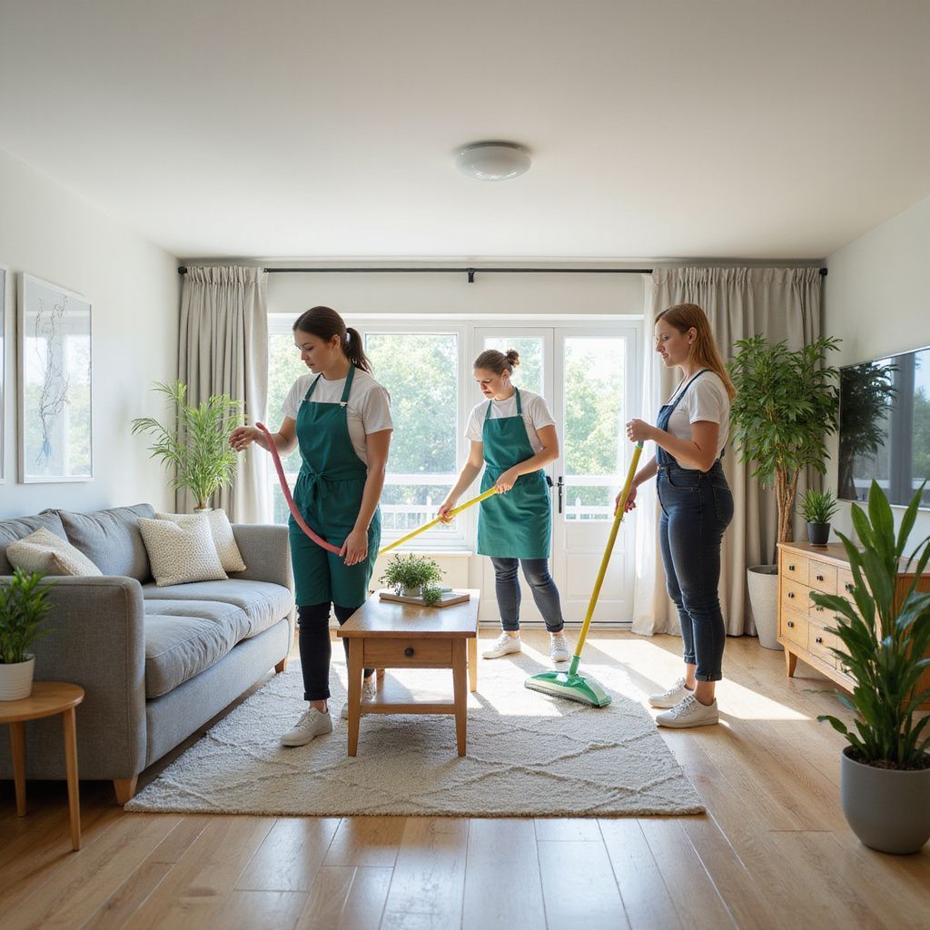 Three women cleaning a bright living room; two are sweeping and one is dusting.