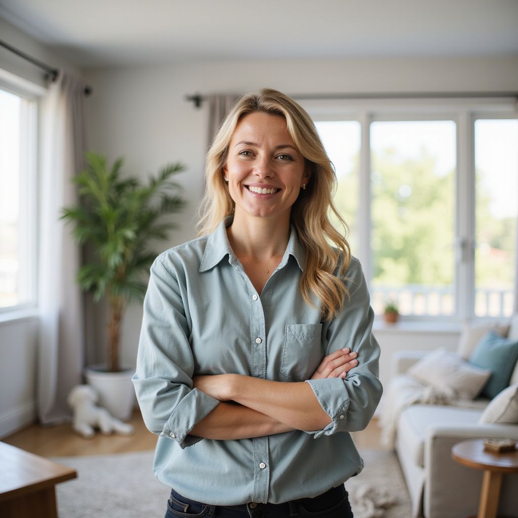 Blonde woman with crossed arms smiles in a well-lit living room.