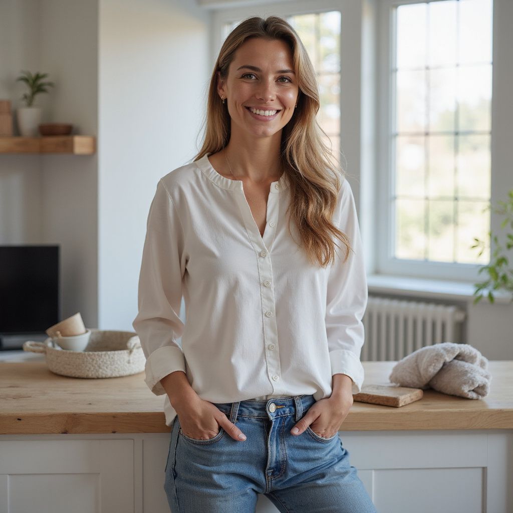 Woman in white shirt and jeans, smiling in a bright kitchen. Hands in pockets.