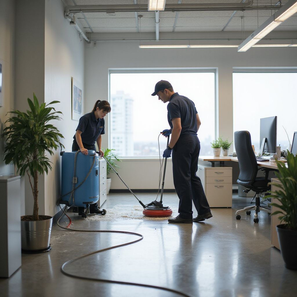 Two people cleaning an office floor with cleaning equipment near a window and desks.