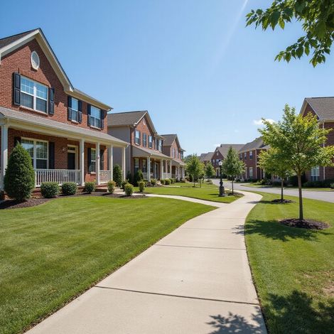 Suburban street lined with brick houses and green lawns, sidewalk under a bright blue sky.