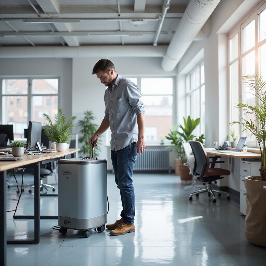 Man in office standing near a silver air purifier; sunny room with desks, plants, and windows.