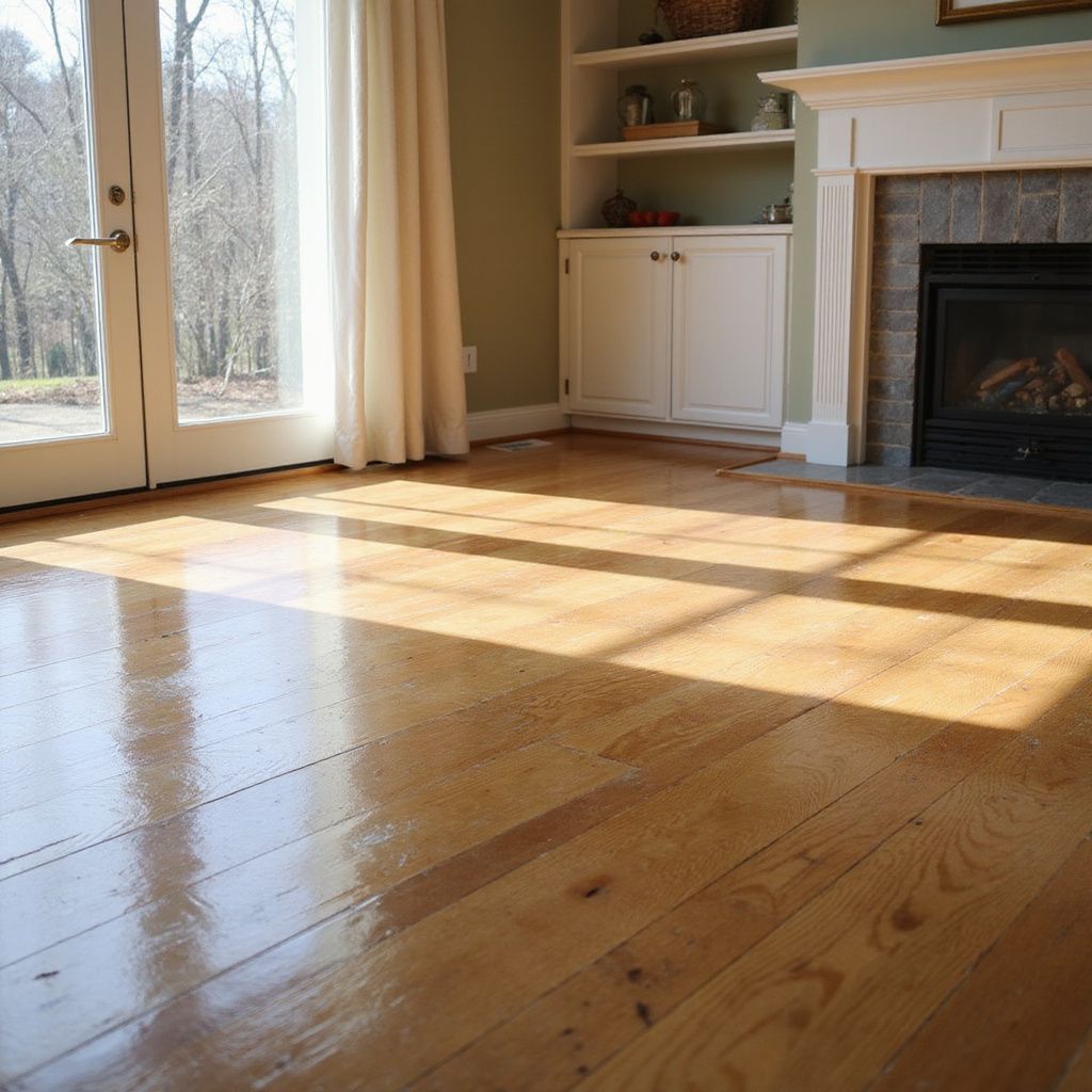 Sunlight on glossy hardwood floor in a room with fireplace, built-in cabinets, and glass doors.