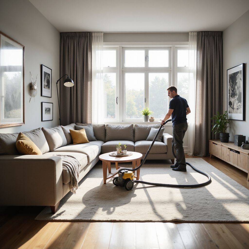Man vacuums a living room with a gray sectional, rug, wooden floor, and large windows.