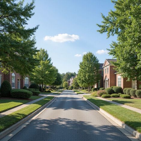 Street in a residential neighborhood with trees, grass, and brick houses under a blue sky.