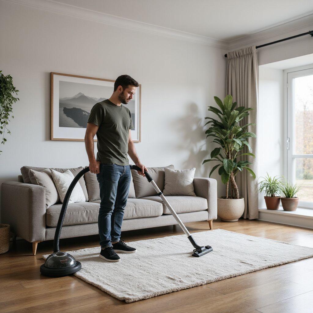 Man vacuums a white rug in a bright living room with a sofa, plants, and a window.