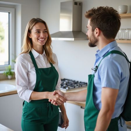 Woman and man in green aprons shake hands in a bright kitchen. They both smile.