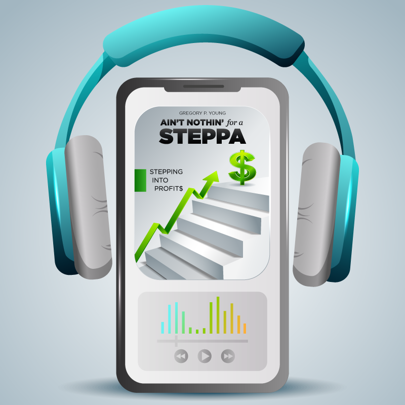 Smartphone with headphones displaying a staircase climbing toward a dollar sign, graph rising.