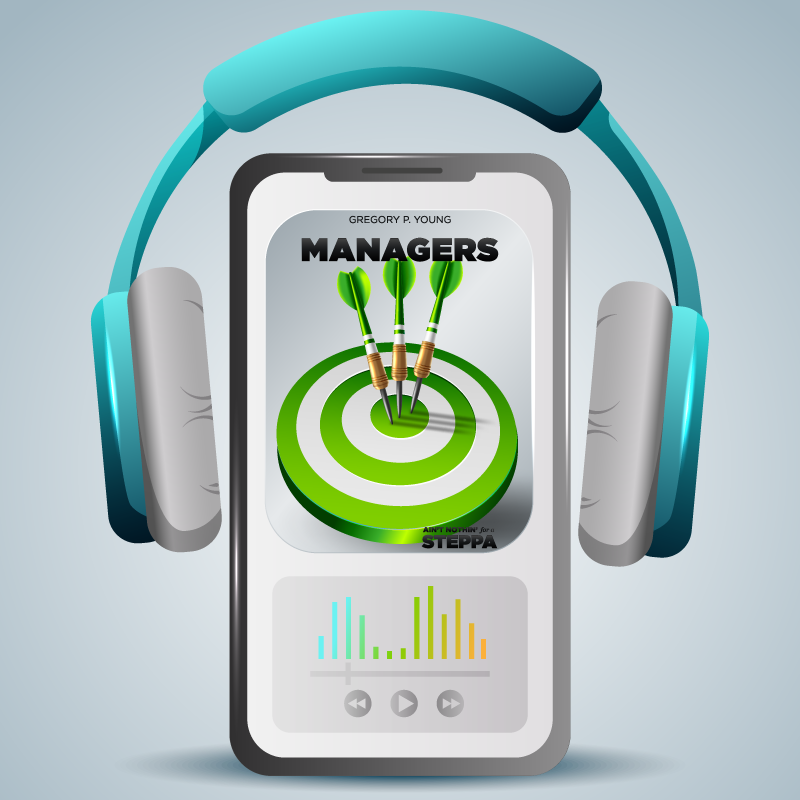 Smartphone displaying “Managers” with dartboard target and teal headphones.