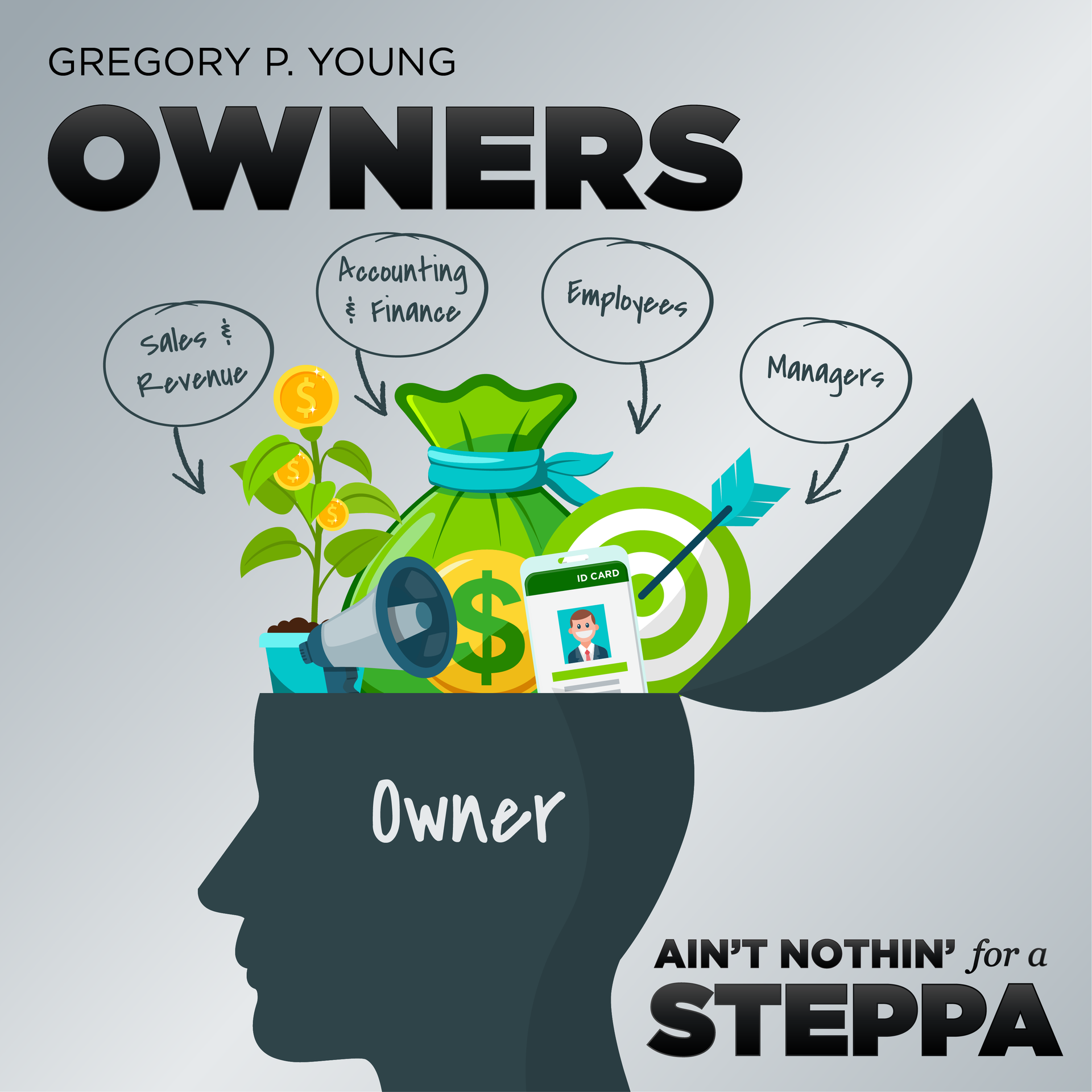 Illustration: a head opens to reveal business aspects: money, employees, sales, and management.