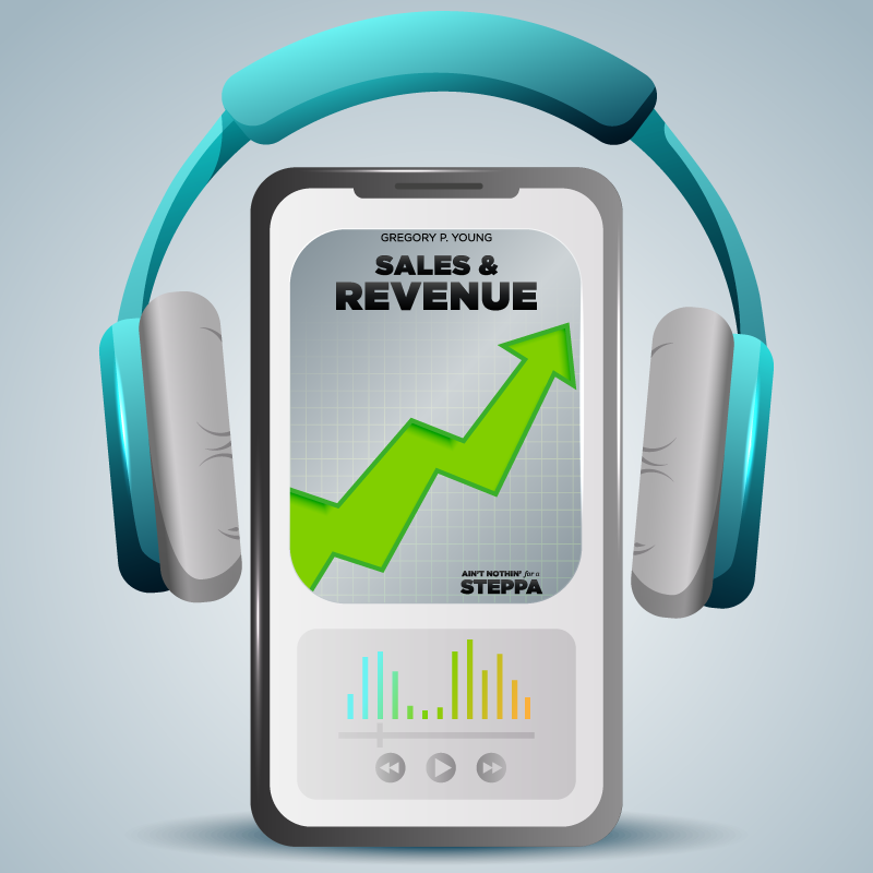 A smartphone displaying sales and revenue chart with headphones. Green arrow up, audio waveform. Turquoise and gray colors.