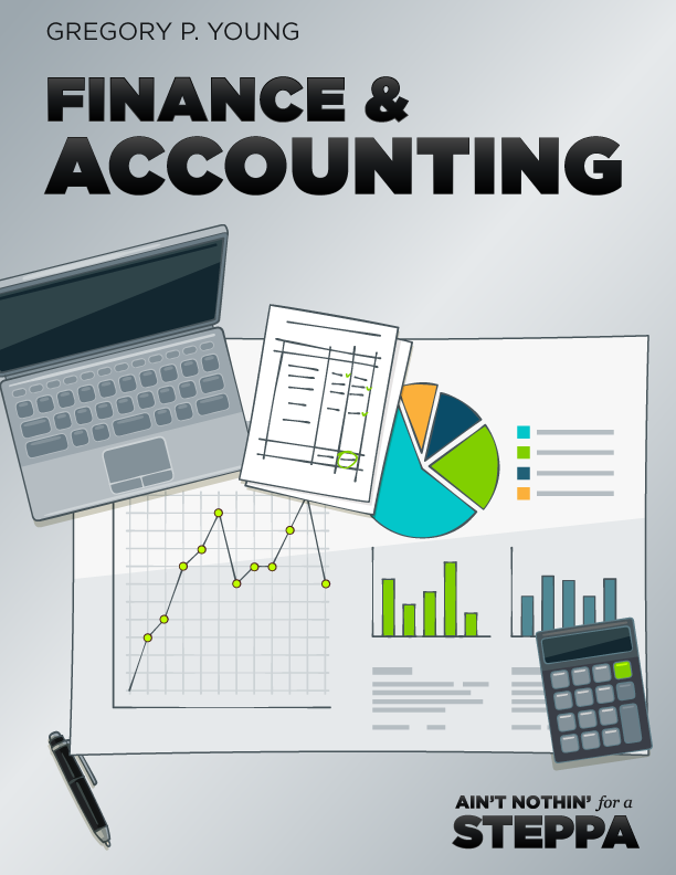 Book cover: Laptop, charts, calculator, pen on a white surface, title "Finance & Accounting."