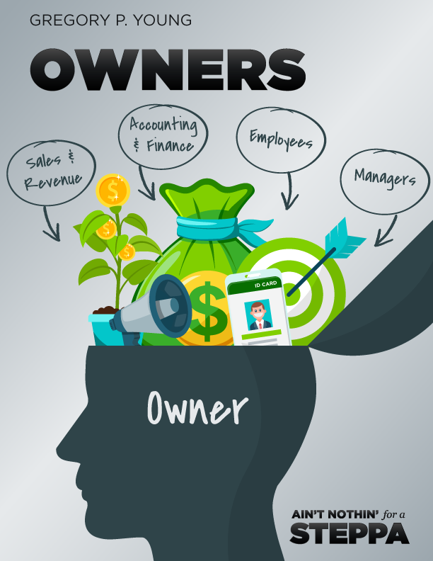 Book cover with the title "OWNERS" featuring an illustration of an owner's mind with various business elements.