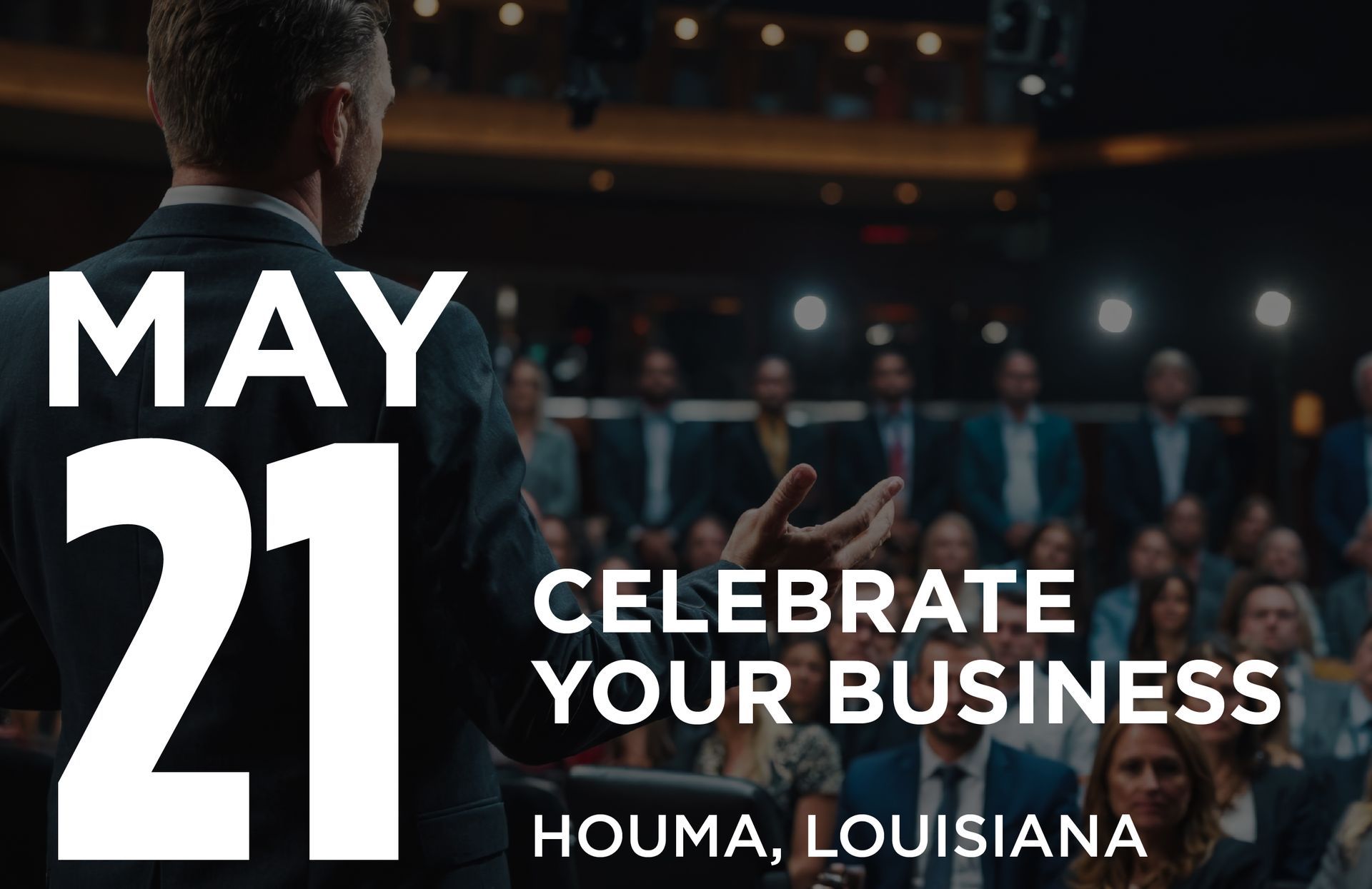 A speaker addresses an audience at a business event in Houma, Louisiana, on May 21st.