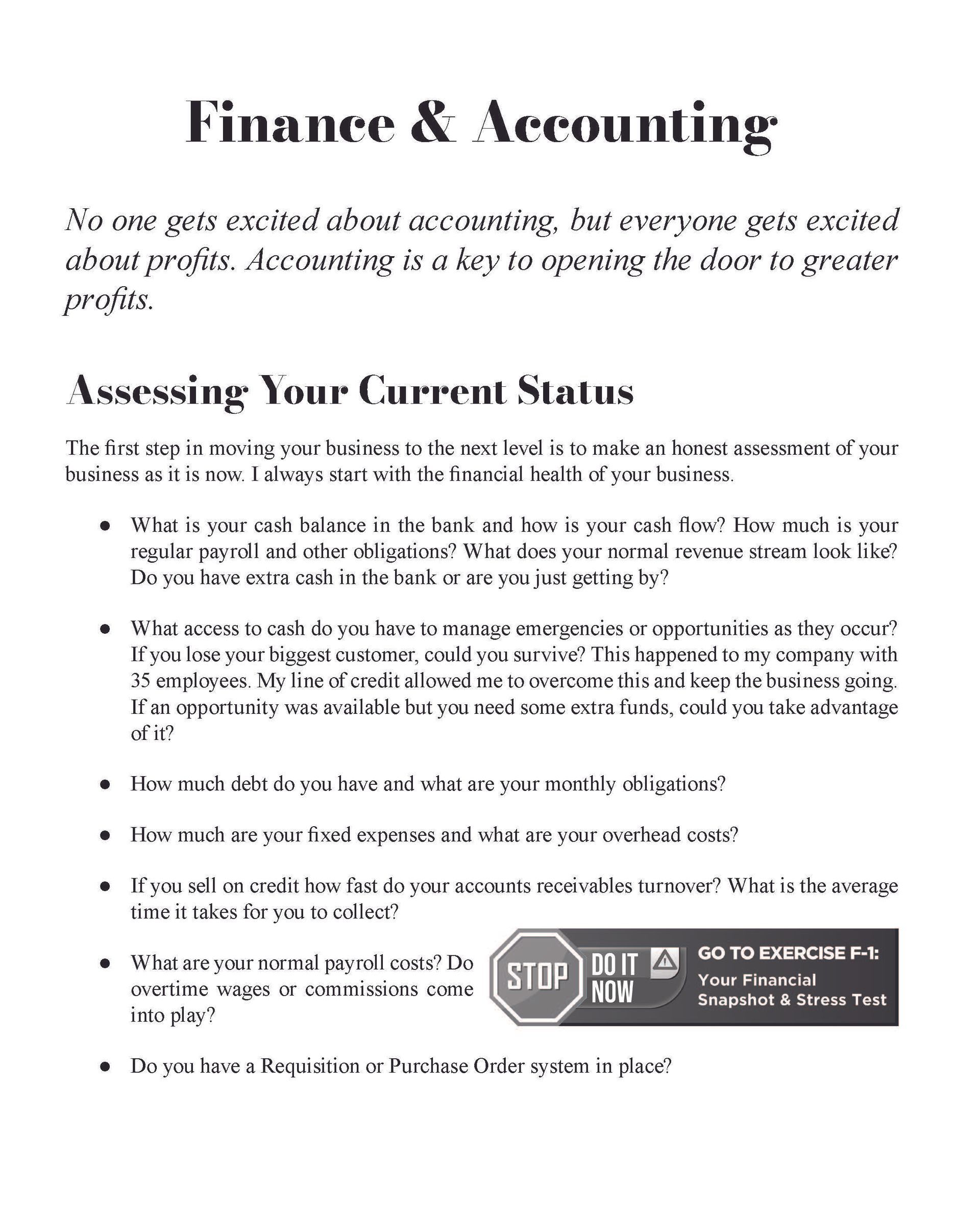 A document titled Finance & Accounting featuring a checklist for assessing business financial health and a call to action.
