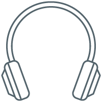 Headphones icon, gray outline on white background.