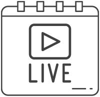 A gray line icon of a calendar with a play button symbol above the word "LIVE."