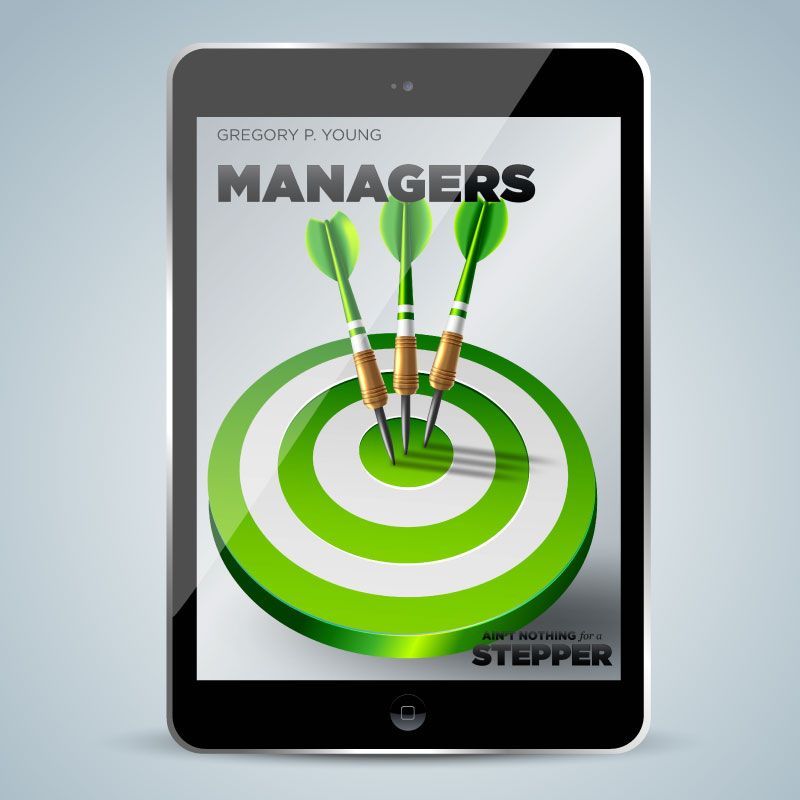 A tablet with three darts in a target titled managers