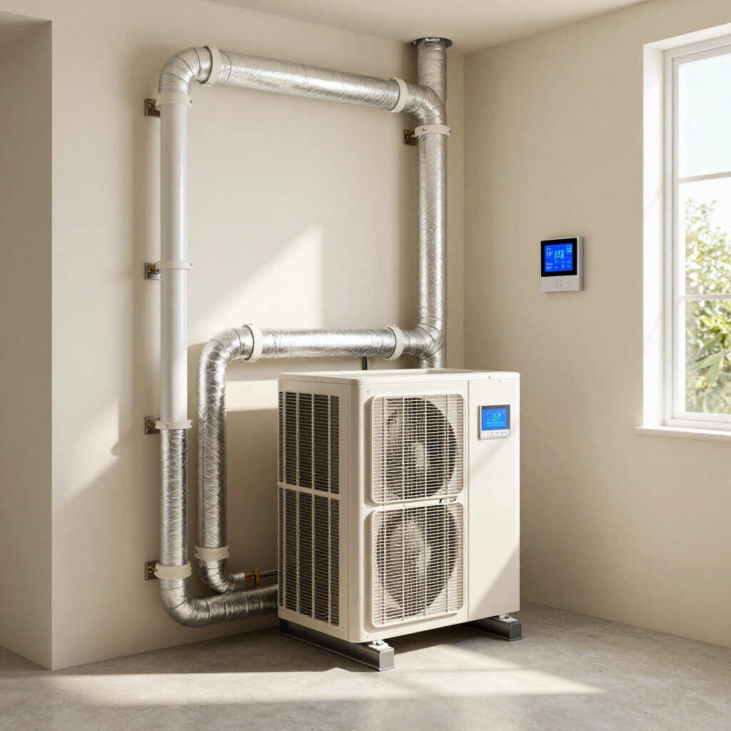 Unità compatta di climatizzazione con pompa di calore e condotti argentati, installata in una stanza luminosa accanto a una finestra e a un pannello di controllo a parete.