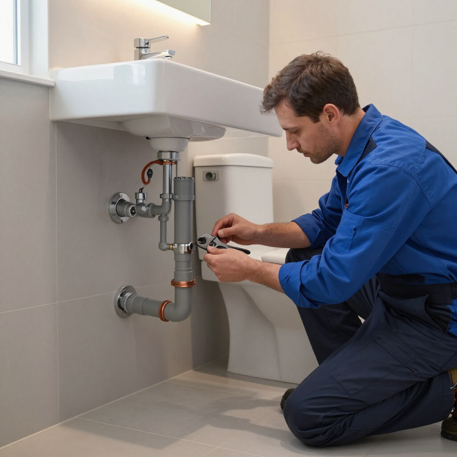 Idraulico in uniforme blu che stringe i tubi sotto il lavandino del bagno con una chiave inglese