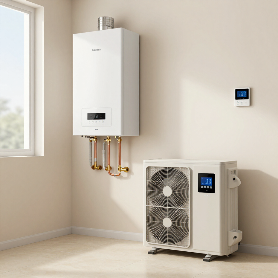 Caldaia a parete e unità esterna della pompa di calore in una stanza luminosa e minimalista