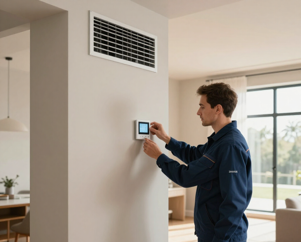 Un tecnico regola un termostato a parete in un luminoso soggiorno con una bocchetta di ventilazione a soffitto nelle vicinanze.