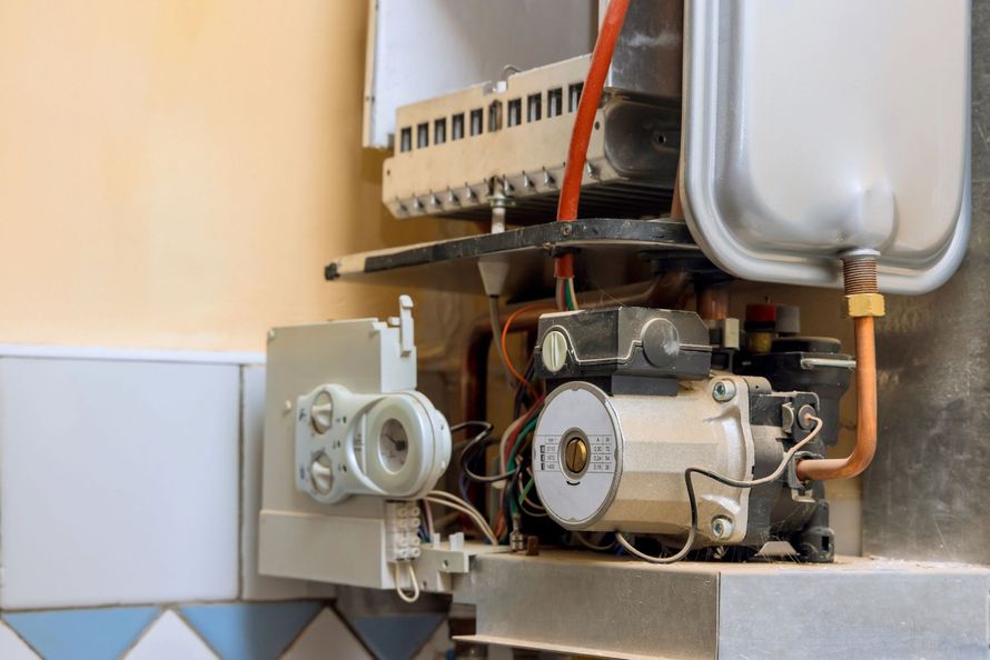 Primo piano di macchinari industriali con tubi, valvole e un serbatoio metallico in un ambiente di fabbrica.