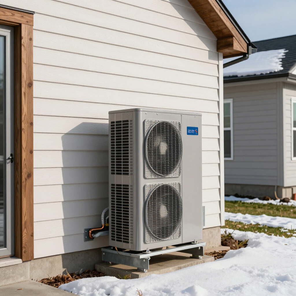 Unità esterna della pompa di calore accanto a una casa bianca in un cortile innevato.