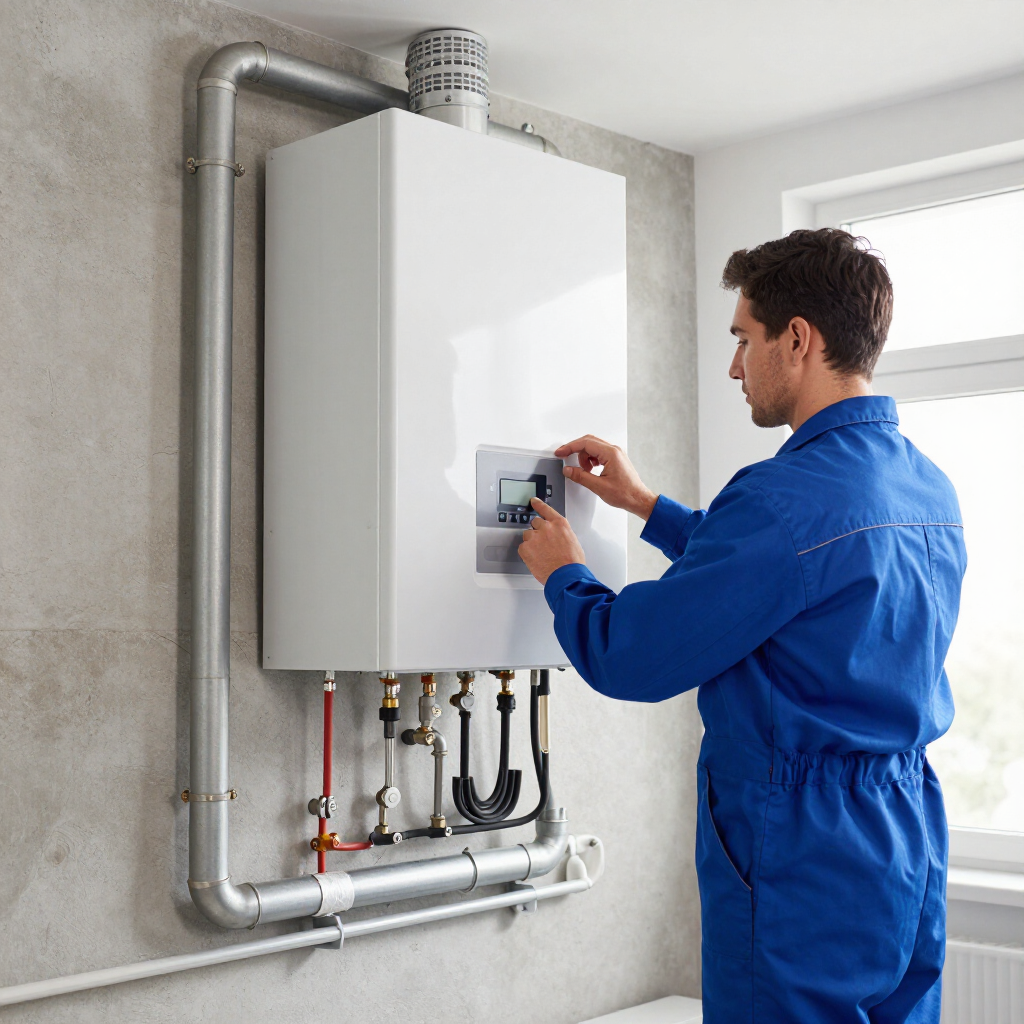 Un tecnico regola una caldaia a parete in un locale di servizio, con tubi e comandi a vista.