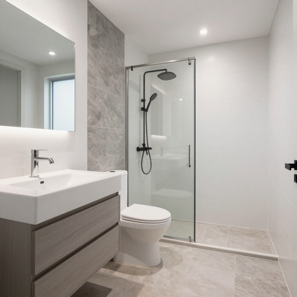 Bagno moderno con mobile lavabo grigio, specchio a parete, WC e box doccia in vetro.