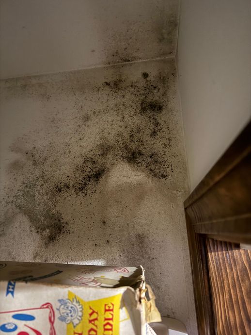 A bag of rice is sitting on a dirty floor next to a door.