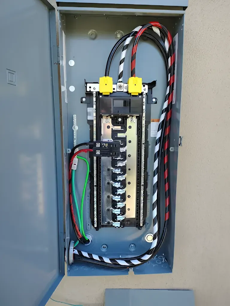 Electrical panel with black, red, and white wires, green ground wire.